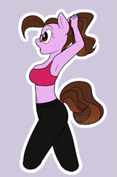 Size: 731x1108 | Tagged: safe, artist:sweetfilthyfun, oc, oc only, oc:ivy rose, anthro, armpits, clothes, glasses, midriff, ponytail, solo, sports bra, sweat, workout outfit