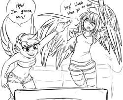 Size: 1280x1039 | Tagged: safe, artist:glacierclear, scootaloo, anthro, bandeau, belly button, blushing, clothes, commission, crossover, dialogue, harpy, lineart, midriff, monochrome, monster musume, one eye closed, open mouth, papi, shorts, speech bubble, tanktop, tube top, wii, wii remote, wink