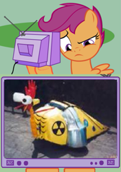 Size: 423x600 | Tagged: safe, scootaloo, chicken, robot, exploitable meme, frown, meme, obligatory pony, raised eyebrow, robochicken, robot wars, scootachicken, tv meme