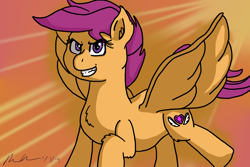 Size: 4800x3200 | Tagged: safe, artist:bassecho, scootaloo, pegasus, pony, backlighting, female, filly, grin, smiling, solo, spread wings, wings