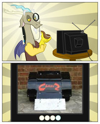 Size: 828x1024 | Tagged: safe, discord, chaos, chaos 2, exploitable meme, meme, obligatory pony, robot wars, sunburst background, tv meme