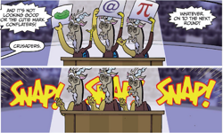 Size: 979x586 | Tagged: safe, artist:tonyfleecs, idw, discord, draconequus, friends forever, spoiler:comic, spoiler:comicff2, @, comic, discord crew, finger snap, male, official comic, pi, speech bubble