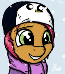 Size: 720x818 | Tagged: safe, artist:magicalhoney, derpibooru import, babs seed, adventure time, clothes, cute, gunter (adventure time), hat, scarf, snow, snowfall, solo