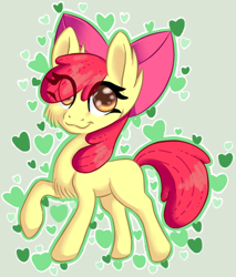 Size: 394x462 | Tagged: safe, artist:tami-kitten, derpibooru import, apple bloom, earth pony, pony, chest fluff, ear fluff, eye clipping through hair, female, filly, heart, looking up, smiling, solo