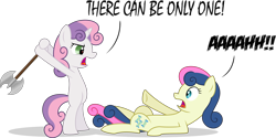 Size: 7000x3503 | Tagged: safe, artist:ambassad0r, derpibooru import, bon bon, sweetie belle, sweetie drops, earth pony, pony, unicorn, absurd resolution, axe, bipedal, duo, duo female, female, filly, highlander, imminent death, mare, simple background, there can be only one, this will end in tears and/or death, transparent background, vector, weapon