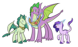 Size: 1024x614 | Tagged: safe, artist:kianamai, spike, oc, oc:crystal clarity, oc:turquoise blitz, dracony, dragon, hybrid, father and child, fire ruby, interspecies offspring, kilalaverse, necklace, next generation, offspring, older, parent and child, parent:rarity, parent:spike, parents:sparity, quadrupedal spike, simple background, story included, trio, white background, winged spike