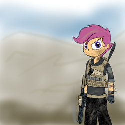 Size: 2000x2000 | Tagged: safe, artist:avengedplatypus, derpibooru import, scootaloo, equestria girls, gun, military, soldier, solo