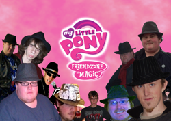Size: 500x353 | Tagged: safe, derpibooru import, human, brony, brony stereotype, fedora shaming, friendzone, hat, hater, irl, irl human, my little pony logo, neckbeard, op is a cuck, op is trying to start shit, photo, so brave, trilby