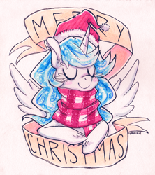 Size: 1138x1280 | Tagged: dead source, safe, artist:jopiter, derpibooru import, oc, oc only, christmas, clothes, hat, old banner, santa hat, scarf, snowflake, solo, traditional art