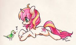 Size: 1024x616 | Tagged: safe, artist:jopiter, derpibooru import, oc, oc only, oc:starlet, bird, unicorn, solo, traditional art