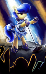 Size: 1791x2874 | Tagged: safe, artist:r0b0tassassin, derpibooru import, sapphire shores, earth pony, pony, clothes, female, hat, hoof shoes, mare, microphone, performance, solo, stage