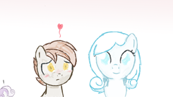 Size: 1024x576 | Tagged: safe, artist:kittykai-art, derpibooru import, button mash, sweetie belle, oc, oc:snowdrop, buttonbetes, cute, foal, heart, jealous, nervous, shipping, snowbetes, time paradox