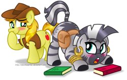 Size: 1024x642 | Tagged: safe, artist:aleximusprime, braeburn, zecora, zebra, bend over, blushing, book, peeping tom, simple background, transparent background, vector