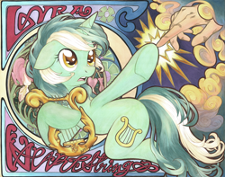 Size: 1800x1416 | Tagged: safe, artist:muffyn-man, derpibooru import, lyra heartstrings, human, fine art parody, hand, incorrect leg anatomy, lyre, markers, modern art, nouveau, the creation of adam, traditional art