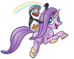 Size: 600x481 | Tagged: safe, artist:kancle, derpibooru import, penguin, adelie penguin, barely pony related, lunacorn, lunacorns, madagascar (dreamworks), parody, princess self-respectra, private, riding, the penguins of madagascar