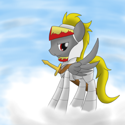 Size: 2600x2600 | Tagged: safe, artist:flashiest lightning, derpibooru import, oc, oc only, pegasus, pony, armor, cloud, cloudy, fantasy class, helmet, knight, male, scabbard, solo, stallion, sword, warrior