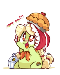 Size: 800x1000 | Tagged: safe, artist:php56, derpibooru import, granny smith, pony, adorasmith, blushing, bonnet, chibi, cute, heart, open mouth, pie, simple background, solo, white background, young granny smith, younger