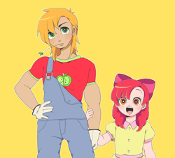 Size: 1280x1162 | Tagged: safe, artist:moyori, derpibooru import, apple bloom, big macintosh, human, apple siblings, clothes, gloves, humanized, light skin, overalls