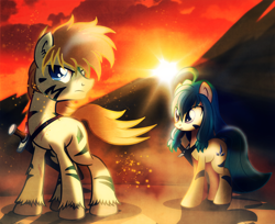 Size: 1200x978 | Tagged: safe, artist:ruhisu, earth pony, pony, brother, cloud, cloudy, coat markings, desert, female, male, mare, scar, shading, shadow, siblings, sister, sparkles, stallion, standing, sunset, sword, warrior, wasteland