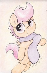 Size: 514x804 | Tagged: safe, artist:slightlyshade, derpibooru import, scootaloo, clothes, scarf, solo, traditional art