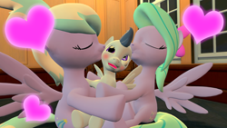 Size: 640x360 | Tagged: safe, cloudchaser, flitter, rumble, 3d, female, flitterumble, flitterumblechaser, gmod, heart, kiss on the cheek, kiss on the head, kiss sandwich, kissing, male, rumble gets both the mares, rumblechaser, shipping, straight