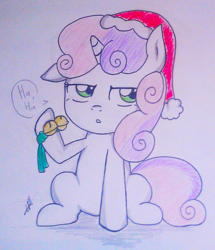 Size: 1584x1844 | Tagged: safe, artist:entou, derpibooru import, sweetie belle, hat, jingle bells, pun, santa hat, solo, traditional art, unamused