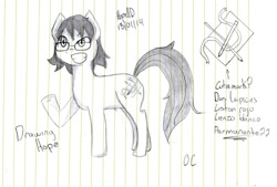 Size: 960x649 | Tagged: safe, artist:hopelld, oc, oc only, cutie mark, glasses, monochrome, solo