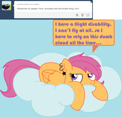 Size: 844x813 | Tagged: safe, artist:schwarzekatze4, scootaloo, alternate universe, ask, ask the harmony crusaders, cloud, harmony-verse, older, scootaloo can't fly, solo, tumblr