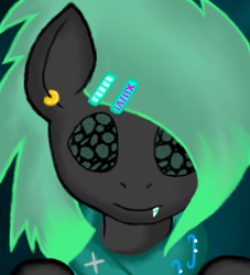 Size: 360x397 | Tagged: safe, artist:princessamity, oc, oc only, changeling, 80s, accessories, braces, bust, clothes, earring, green changeling, hairlip, portrait, scarf, solo