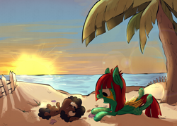 Size: 1906x1363 | Tagged: safe, artist:tweissie, derpibooru import, oc, oc only, oc:rice paddy, oc:slipstream, beach, on back, seashell, sunset