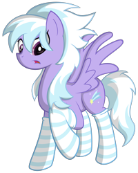 Size: 3000x3750 | Tagged: safe, artist:frezien, derpibooru import, cloudchaser, pegasus, pony, blue mane, blue tail, clothes, cutie mark, female, looking at something, mare, open mouth, purple coat, purple eyes, raised hoof, raised leg, side view, simple background, socks, solo, spread wings, striped socks, transparent background, two toned mane, two toned tail, vector, wings