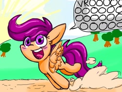 Size: 1024x768 | Tagged: safe, artist:supernoncutie, derpibooru import, scootaloo, dirt, one word, onomatopoeia, solo, speech bubble, vroom