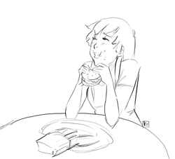 Size: 1280x1164 | Tagged: safe, artist:demdoodles, human, twilight time, burger, eating, food, happy, hay burger, humanized, monochrome, sitting, solo, table, twilight burgkle