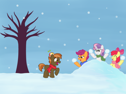 Size: 3000x2250 | Tagged: safe, artist:rad-girl, derpibooru import, apple bloom, button mash, scootaloo, sweetie belle, clothes, cutie mark crusaders, scarf, snow, snowball fight, snowfall