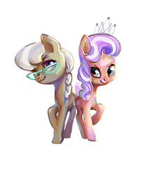 Size: 1039x1192 | Tagged: safe, artist:nayshie, derpibooru import, diamond tiara, silver spoon, earth pony, pony, female, filly, jewelry, pink coat, tiara, two toned mane