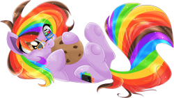 Size: 1578x893 | Tagged: safe, artist:blackfreya, derpibooru import, oc, oc only, oc:rainbow screen, earth pony, pony, cookie, cute, eating, food, glasses, multicolored hair, rainbow hair, simple background, solo, transparent background