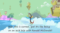 Size: 500x278 | Tagged: safe, derpibooru import, edit, edited screencap, screencap, discord, draconequus, the return of harmony, acid, chaos, discorded landscape, floating island, green sky, high, insane pony thread, male, ronald mcdonald, soap, soap roads, solo, suds, surreal, tumblr