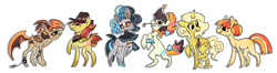 Size: 1546x407 | Tagged: safe, artist:griffsnuff, oc, oc only, oc:buggy may, oc:obsessive nature, oc:petal payne, oc:poofy seeds, oc:stellar foot, oc:sunny swirl, bat pony, earth pony, pegasus, pony, unicorn, fangs, female, freckles, hat, mare, mohawk, saddle bag, scar, simple background, transparent background