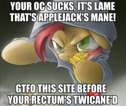 Size: 612x517 | Tagged: safe, derpibooru import, babs seed, earth pony, pony, babs the rapper, clothes, exploitable meme, female, filly, hoodie, image macro, implied applejack, meme, nose wrinkle, solo, twilight scepter