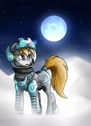 Size: 1800x2500 | Tagged: safe, artist:whitepone, oc, oc only, oc:lumina, pony, unicorn, awakening, fanfic art, full moon, moon, night, snow, snowfall, solo, spacesuit