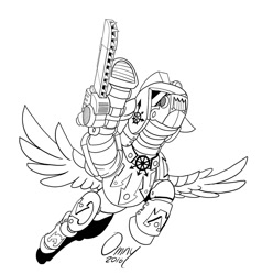 Size: 800x839 | Tagged: safe, artist:omny87, oc, oc only, pegasus, pony, armor, chainsaw, chaos, commission, monochrome, warhammer (game), warhammer 40k, weapon