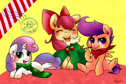 Size: 1200x800 | Tagged: safe, artist:phyllismi, derpibooru import, apple bloom, scootaloo, sweetie belle, adorabloom, bandana, candy cane, cape, christmas, clothes, cute, cutealoo, cutie mark crusaders, diasweetes, holiday, prone, scarf, sitting, stamp