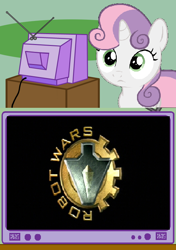 Size: 564x800 | Tagged: safe, sweetie belle, sweetie bot, pony, robot, robot pony, unicorn, exploitable meme, female, filly, foal, horn, logo, meme, obligatory pony, robot wars, solo, text, tv meme