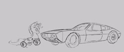 Size: 2779x1173 | Tagged: safe, artist:owlvortex, derpibooru import, oc, oc only, oc:wheely bopper, original species, car, monochrome, sketch, solo, wheelpone