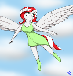 Size: 956x1000 | Tagged: safe, artist:tunderi, oc, oc only, oc:peppermint pattie, anthro, anthro oc, clothes, dress, flying, socks, solo