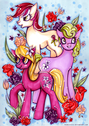 Size: 690x972 | Tagged: safe, artist:madblackie, derpibooru import, daisy, flower wishes, lily, lily valley, roseluck, flower, flower trio, rose, traditional art