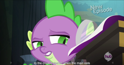 Size: 1152x609 | Tagged: safe, derpibooru import, screencap, spike, dragon, power ponies (episode), meme, solo, youtube caption