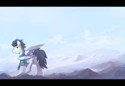 Size: 3400x2350 | Tagged: safe, artist:glacierponi, soarin', clothes, goggles, scenery, shirt, solo, wonderbolts dress uniform