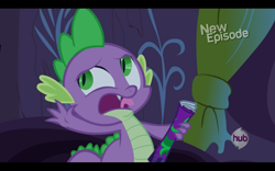 Size: 1680x1050 | Tagged: safe, derpibooru import, screencap, spike, dragon, power ponies (episode), comic book, hub logo, hubble, solo, the hub, tongue out