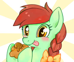 Size: 720x600 | Tagged: safe, artist:ponjii, derpibooru import, candy apples, apple family member, apple fritter (food), blushing, heart eyes, solo, wingding eyes